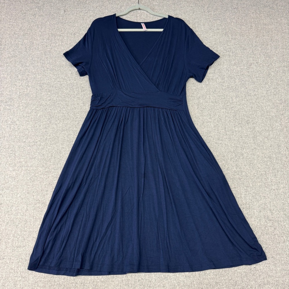 Weaczzy | Short Sleeve Empire Waist Dress | XL | Navy Blue |Surplice V-Neck Knit
